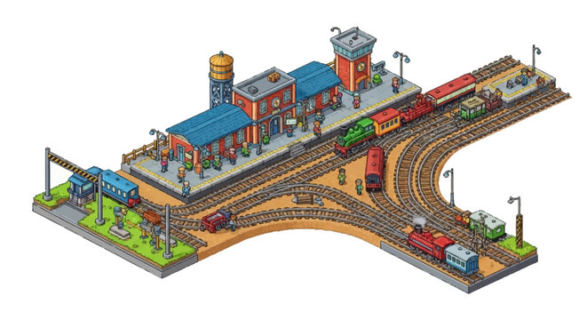 Isometric Train Station With Multiple Tracks And Trains.