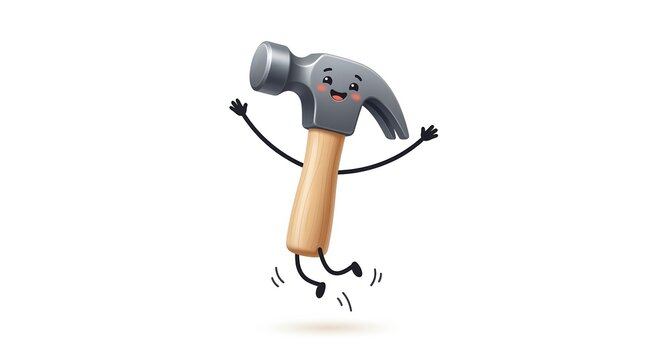 Heavy steel hammer jumping for joy in a clean minimalist style. character design with cute face and thin stick limbs. Premium
