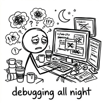 Exhausted stick figure programmer debugging code all night with coffee