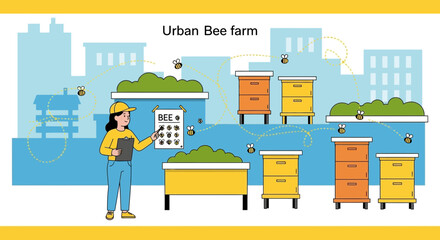 Fototapeta premium Urban Bee Farm: Beekeeper Manages Hives on City Rooftop Garden