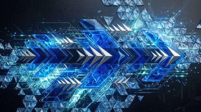 Abstract forward-pointing blue glass arrows and stacked silver pointers seen from above, textured crystal triangle forms, dynamic tech banner energy, ultra-realistic, no logos.