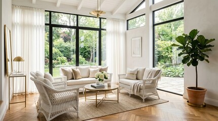 Fototapeta premium Modern sunroom with white wicker furniture and sheer curtains in bright light. Realistic interior photography, minimalist luxury