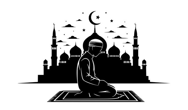 Muslim prayer silhouette vector mosque background Islamic worship illustration