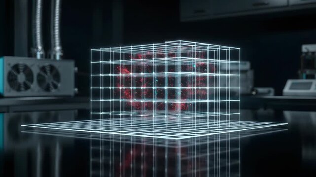 Fault-Tolerant Quantum Computing Logic Grid Stabilizing Data Noise 4K Loop. Neon grid cube with glowing red heart in dark laboratory setting