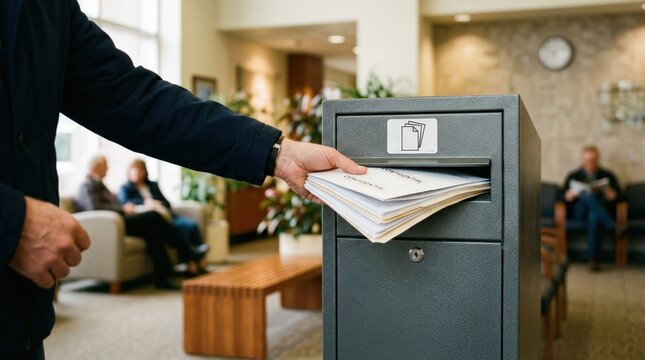 Person inserting pension contribution documents into a secured selfservice dropbox slot crisp focus on insertion action softly out of focus waiting area.