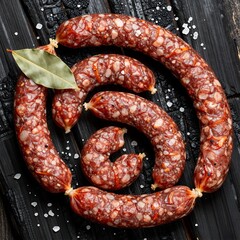 Fototapeta premium Top Down View of Smoked Cured Sausages Arranged in Spiral on Charred Black Wood with Salt