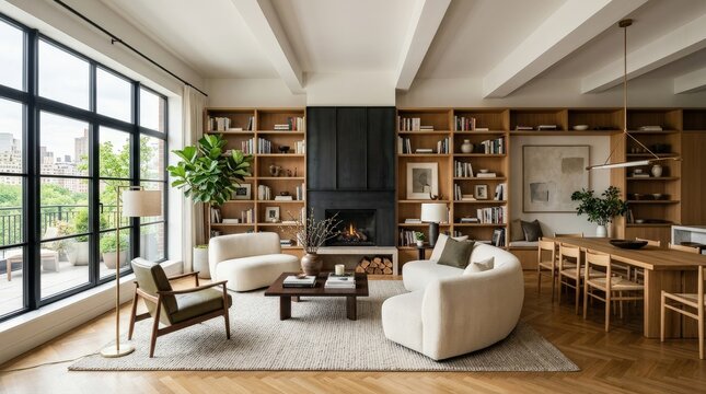 light-filled luxury living room interior mockup, bookcase walls, a sculpted sofa, accent chair, fireplace, broad windows, parquet flooring and a seamless dining area, balanced decor and clean