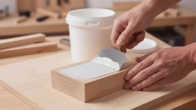 close up of hands applying wood glue on a timber piece using a notched spreader, showing a woodworking process in a clean workshop environment