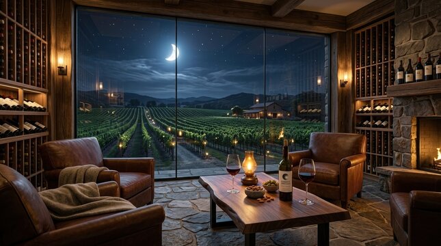 Wine cellar lounge with glass wall looking into a moonlit vineyard.. Realistic materials, clean focal point, believable lighting,