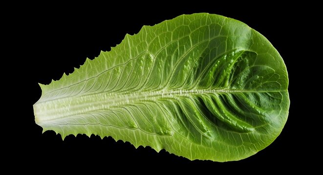 Isolated close-up of a vibrant romaine lettuce leaf with detailed veins, on a black background