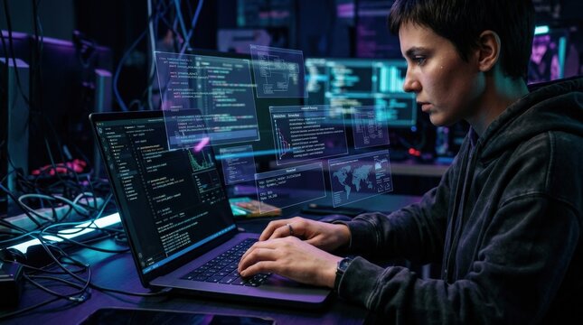 A close-up of a programmer typing on a laptop with virtual code overlays and transparent digital interfaces, moody cyber lighting, focused software-development atmosphere, ultra-realistic, no logos.