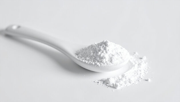 Scoop of white powder on white background, hydrolyzed collagen supplement, fine white powder texture, health and wellness, beauty nutrition