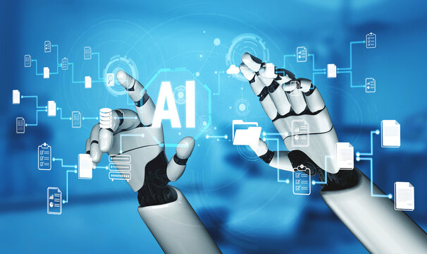 Futuristic Robot Hands Interacting with Artificial Intelligence Data and Digital Connections in a Modern Technology Environment Quark.