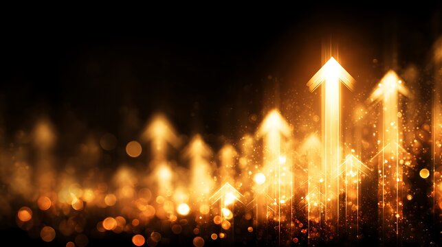 Glowing golden arrows ascend from darkness, symbolizing growth and progress