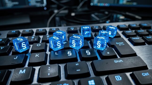 Glowing blue cubes marked with a legal paragraph symbol resting across a dark keyboard, concept of digital law, privacy, regulation and online compliance, sleek cyber-legal atmosphere with metallic