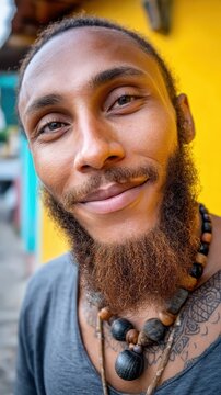 A man with a full brown beard and dark skin smiles slightly while wearing a distinct beaded necklace and gray shirt. He poses for a headshot outdoors in front of a bright yellow wall on a sunny day