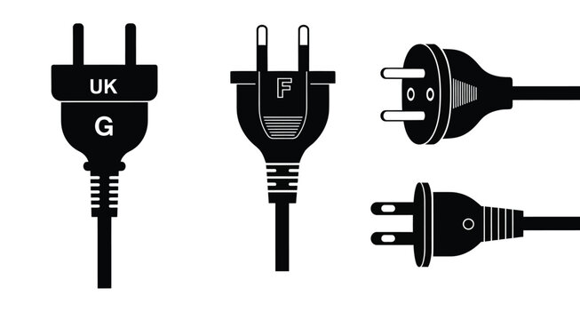 Various electrical plugs displayed in a stark black silhouette