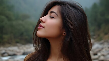 Naklejka premium A peaceful profile portrait of a young woman standing in nature contemplating the tranquil beauty of the surrounding wilderness