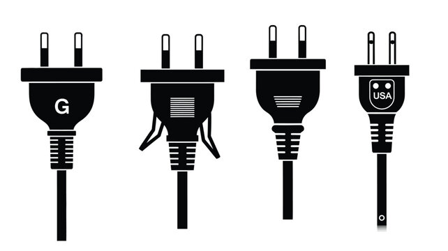 Various electrical plug types displayed in a striking black silhouette