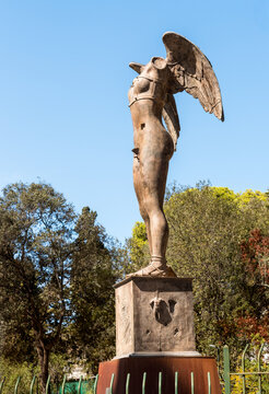 Syracuse, Sicily, Italy - October 1, 2024: The bronze statue of Ikaria by Polish sculptor Igor Mitoraj at the entrance to the Archaeological Park of Syracuse.
