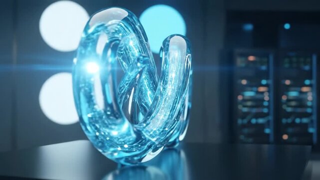 An abstract glass loop symbolizing continuous digital process and system integration, transparent blue shapes with sleek futuristic flow, ultra-realistic, no logos.