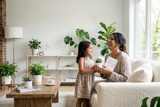A joyful young girl surprises her laughing mother with a handmade card and a small potted plant for Mother's Day in a bright, modern living room filled with lush green houseplants and sunlight