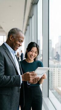 Diverse professional colleagues, an older Black man and a young Asian woman, share a laugh while analyzing business charts on a tablet in a bright corporate office overlooking the city