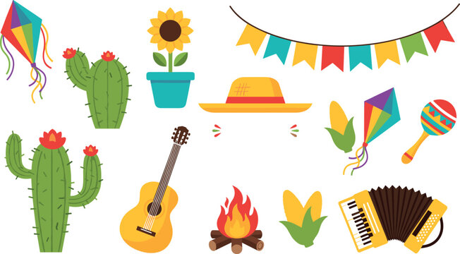 Festa Junina Brazilian Festival Icon Set with Cactus, Guitar, Accordion, Kite, Sunflower, Hat, Maracas, Bonfire, and Bunting Decorations