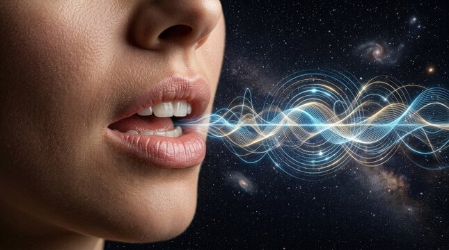 A close-up of a mouth releasing visible sound waves into space, concept of language, whisper, speech, acoustics and communication, elegant scientific-art crossover with subtle waveforms and vocal