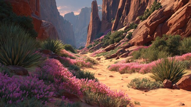 Vibrant desert canyon landscape with a winding sandy path through purple wildflowers and rugged rock formations at sunset