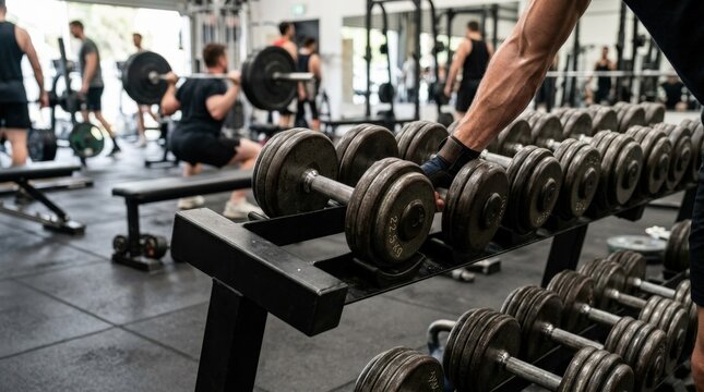 Rows of metal dumbbells on rack for strength training in gym, barbell, bodybuilding, closeup, dumbbell, equipment, fitness, gym, healthy, photorealistic active lifestyle scene, dynamic body language,
