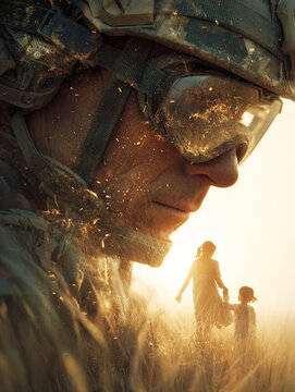 Soldat en mission avec superposition de famille, concept de sacrifice et protection - IA Generated