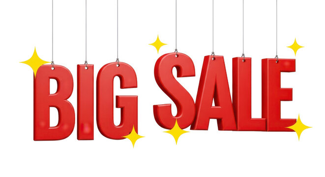 Red 3d letters spelling big sale hanging with yellow stars.