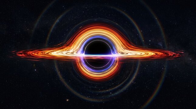 Black hole with colorful accretion disk bends light in captivating space illustration.
