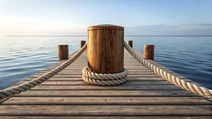 Fototapeta premium Wooden dock with rope and bollards extending over calm ocean at sunset