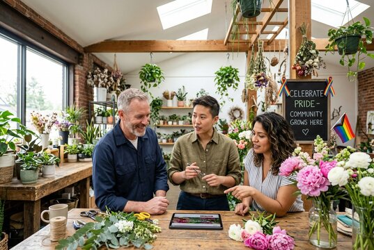 A diverse team of florists, including a mature man and two younger colleagues, collaborate over a digital tablet in a bright, plant-filled shop featuring a Pride month community message board
