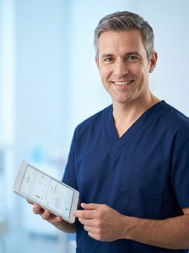 Portrait of a confident and smiling male healthcare professional in blue scrubs holding a digital tablet with medical data and charts in a modern, bright hospital or clinical setting