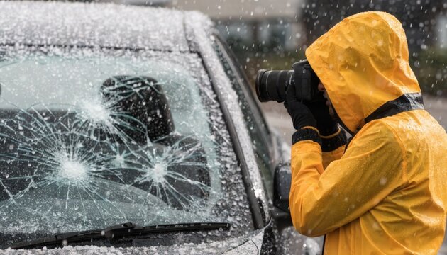 Agent using camera to document windshield cracked from hail damage with sharp image of glass and blurry outdoor environment.