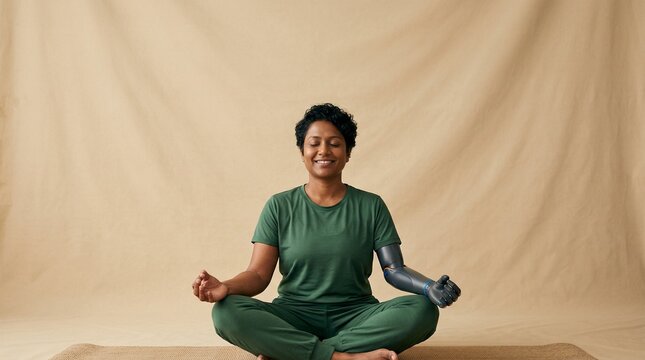A serene woman with a high-tech bionic prosthetic arm practices mindfulness meditation while sitting cross-legged on a mat against a neutral studio backdrop, representing inclusivity and wellness