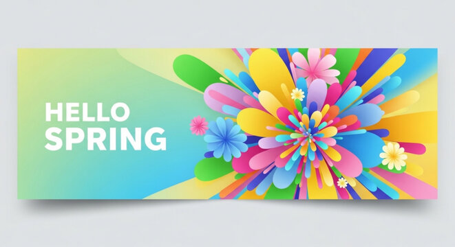 Vibrant and colorful 'Hello Spring' banner featuring an energetic explosion of abstract floral shapes and bright petals, creating a cheerful and celebratory seasonal design.