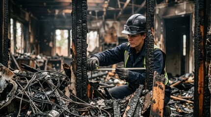 Fototapeta premium Close medium shot of a fire damage professional measuring structural damage in a charred homes living room isolating the intricate debris against an outoffocus backdrop.
