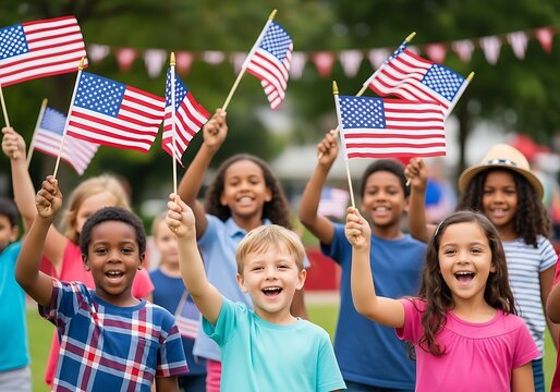 Joyful children waving american flags in a patriotic celebration