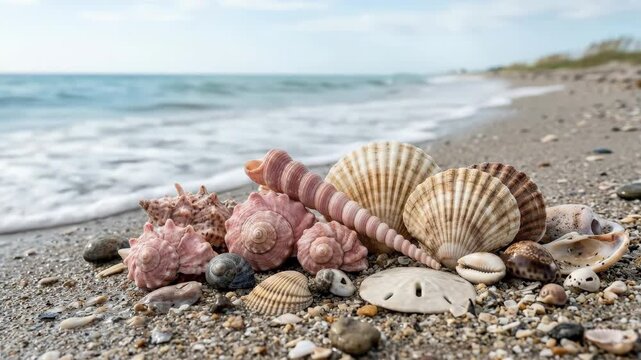 A beautiful arrangement of natural ocean shells including pink spiral and ribbed scallop forms, delicate coastal textures, serene seaside atmosphere, ultra-realistic, no logos.