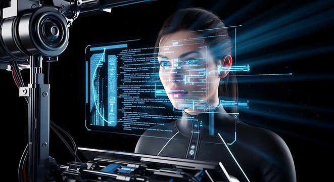 A woman interacts with futuristic technology and a camera captures the moment.