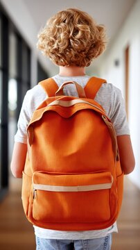 A young student with curly blond hair wears a vibrant orange backpack, walking away through a well-lit school hallway. This child is heading towards classes, ready for a new day of learning