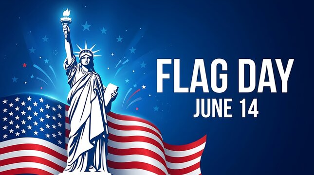 American flag and Statue of Liberty on Flag Day June 14th with fireworks and stars on blue background