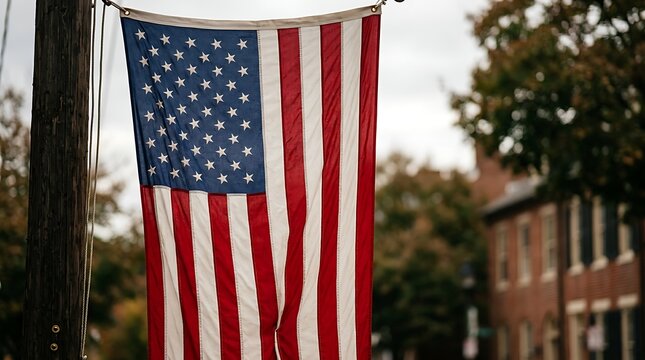 American flag hanging on a pole with blurred background of trees and buildings  United States national symbol
