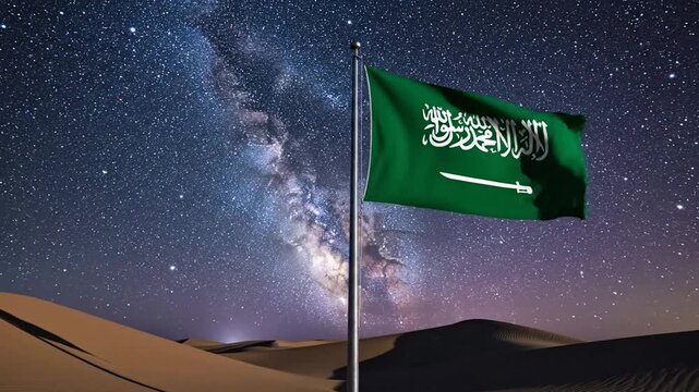 Saudi arabia flag waving in desert night sky with milky way galaxy background, national pride and, middle eastern landscape concept