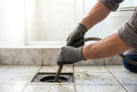 Plumber feeding a flexible steel drain snake auger into a clogged floor drain in a bathroom