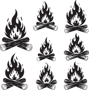Vintage Woodcut Campfire Icons and Bonfire Silhouette Vector Set